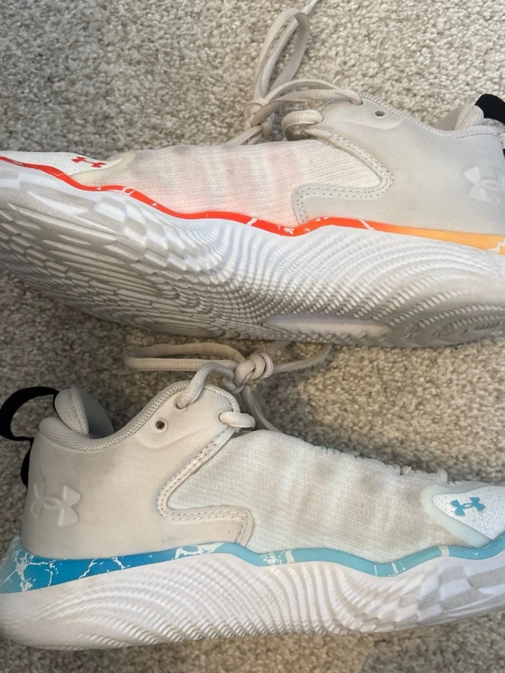 Under Armour Womens White Volleyball Shoes with Blue and Orange Accents